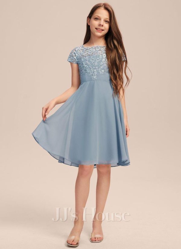 Junior Bridesmaid Dresses | A-line Square Knee-Length Chiffon Lace Junior Bridesmaid Dress Dusty Blue – Girls