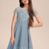 Junior Bridesmaid Dresses | A-line Square Knee-Length Chiffon Lace Junior Bridesmaid Dress Dusty Blue – Girls