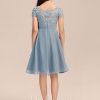 Junior Bridesmaid Dresses | A-line Square Knee-Length Chiffon Lace Junior Bridesmaid Dress Dusty Blue – Girls