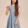 Junior Bridesmaid Dresses | A-line Square Knee-Length Chiffon Lace Junior Bridesmaid Dress Dusty Blue – Girls