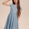 Junior Bridesmaid Dresses | A-line Square Knee-Length Chiffon Lace Junior Bridesmaid Dress Dusty Blue – Girls