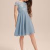 Junior Bridesmaid Dresses | A-line Square Knee-Length Chiffon Lace Junior Bridesmaid Dress Dusty Blue – Girls