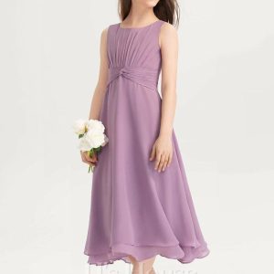 Junior Bridesmaid Dresses | A-line Square Tea-Length Chiffon Junior Bridesmaid Dress With Bow Wisteria – Girls