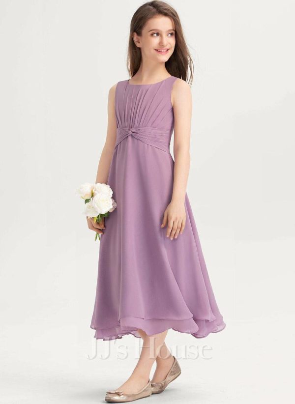 Junior Bridesmaid Dresses | A-line Square Tea-Length Chiffon Junior Bridesmaid Dress With Bow Wisteria – Girls