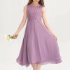 Junior Bridesmaid Dresses | A-line Square Tea-Length Chiffon Junior Bridesmaid Dress With Bow Wisteria – Girls