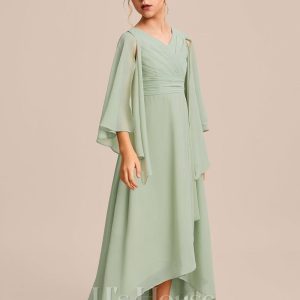 Junior Bridesmaid Dresses | A-line V-Neck Asymmetrical Chiffon Junior Bridesmaid Dress Celadon – Girls