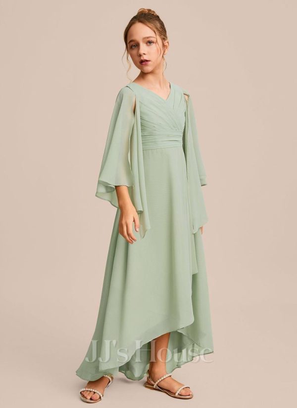 Junior Bridesmaid Dresses | A-line V-Neck Asymmetrical Chiffon Junior Bridesmaid Dress Celadon – Girls