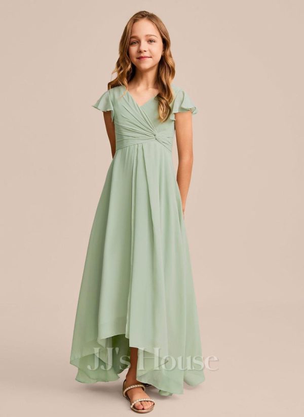 Junior Bridesmaid Dresses | A-line V-Neck Asymmetrical Chiffon Junior Bridesmaid Dress Celadon – Girls