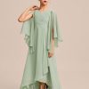 Junior Bridesmaid Dresses | A-line V-Neck Asymmetrical Chiffon Junior Bridesmaid Dress Celadon – Girls