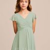 Junior Bridesmaid Dresses | A-line V-Neck Asymmetrical Chiffon Junior Bridesmaid Dress Celadon – Girls