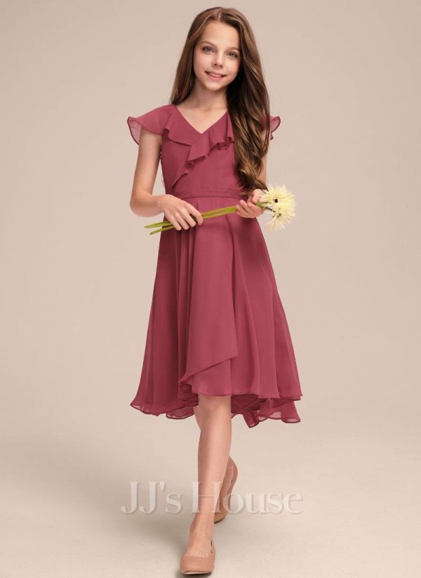 Junior Bridesmaid Dresses | A-line V-Neck Asymmetrical Chiffon Junior Bridesmaid Dress Cinnamon Rose – Girls