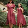 Junior Bridesmaid Dresses | A-line V-Neck Asymmetrical Chiffon Junior Bridesmaid Dress Cinnamon Rose – Girls