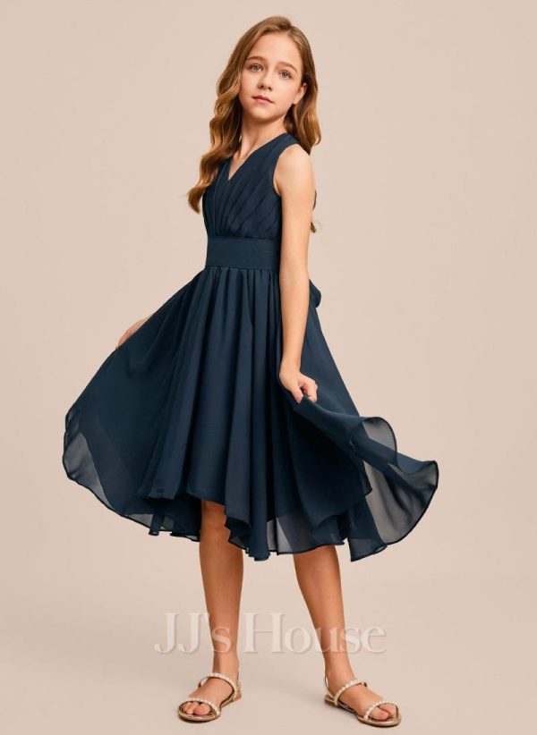 Junior Bridesmaid Dresses | A-line V-Neck Asymmetrical Chiffon Junior Bridesmaid Dress Dark Navy – Girls