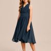 Junior Bridesmaid Dresses | A-line V-Neck Asymmetrical Chiffon Junior Bridesmaid Dress Dark Navy – Girls