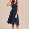 Junior Bridesmaid Dresses | A-line V-Neck Asymmetrical Chiffon Junior Bridesmaid Dress Dark Navy – Girls