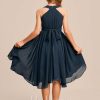 Junior Bridesmaid Dresses | A-line V-Neck Asymmetrical Chiffon Junior Bridesmaid Dress Dark Navy – Girls