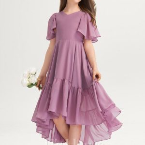 Junior Bridesmaid Dresses | A-line V-Neck Asymmetrical Chiffon Junior Bridesmaid Dress Mauve – Girls