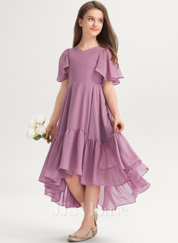 Junior Bridesmaid Dresses | A-line V-Neck Asymmetrical Chiffon Junior Bridesmaid Dress Mauve – Girls