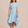 Junior Bridesmaid Dresses | A-line V-Neck Asymmetrical Chiffon Junior Bridesmaid Dress Sky Blue – Girls