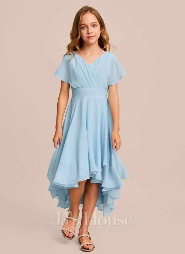 Junior Bridesmaid Dresses | A-line V-Neck Asymmetrical Chiffon Junior Bridesmaid Dress Sky Blue – Girls