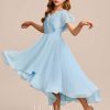 Junior Bridesmaid Dresses | A-line V-Neck Asymmetrical Chiffon Junior Bridesmaid Dress Sky Blue – Girls