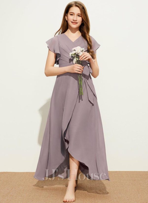 Junior Bridesmaid Dresses | A-line V-Neck Asymmetrical Chiffon Junior Bridesmaid Dress With Bow Dusk – Girls