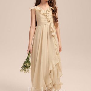 Junior Bridesmaid Dresses | A-line V-Neck Asymmetrical Chiffon Junior Bridesmaid Dress With Cascading Ruffles Champagne – Girls