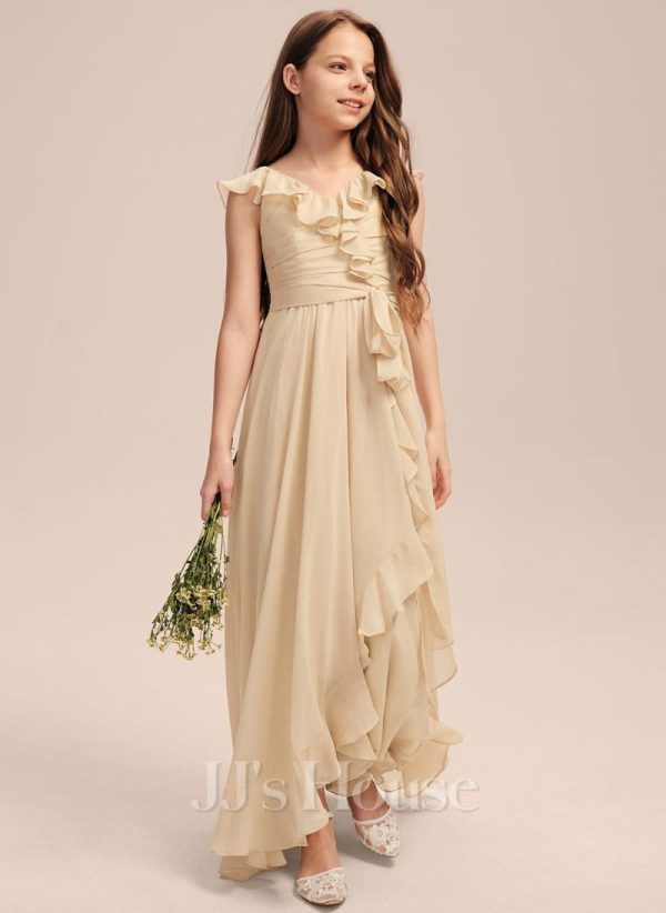 Junior Bridesmaid Dresses | A-line V-Neck Asymmetrical Chiffon Junior Bridesmaid Dress With Cascading Ruffles Champagne – Girls