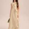 Junior Bridesmaid Dresses | A-line V-Neck Asymmetrical Chiffon Junior Bridesmaid Dress With Cascading Ruffles Champagne – Girls