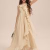 Junior Bridesmaid Dresses | A-line V-Neck Asymmetrical Chiffon Junior Bridesmaid Dress With Cascading Ruffles Champagne – Girls