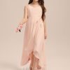 Junior Bridesmaid Dresses | A-line V-Neck Asymmetrical Chiffon Junior Bridesmaid Dress With Cascading Ruffles Pearl Pink – Girls