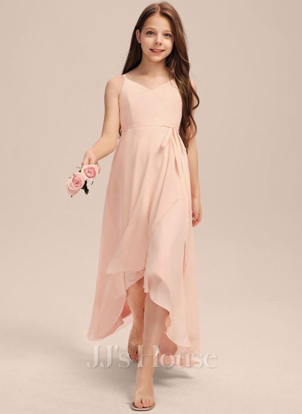 Junior Bridesmaid Dresses | A-line V-Neck Asymmetrical Chiffon Junior Bridesmaid Dress With Cascading Ruffles Pearl Pink – Girls