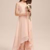 Junior Bridesmaid Dresses | A-line V-Neck Asymmetrical Chiffon Junior Bridesmaid Dress With Cascading Ruffles Pearl Pink – Girls