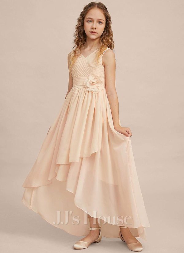 Junior Bridesmaid Dresses | A-line V-Neck Asymmetrical Chiffon Junior Bridesmaid Dress With Flower Pearl Pink – Girls