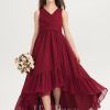 Junior Bridesmaid Dresses | A-line V-Neck Asymmetrical Chiffon Junior Bridesmaid Dress With Pleated Burgundy – Girls