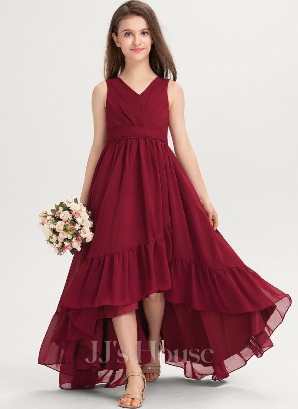 Junior Bridesmaid Dresses | A-line V-Neck Asymmetrical Chiffon Junior Bridesmaid Dress With Pleated Burgundy – Girls