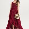 Junior Bridesmaid Dresses | A-line V-Neck Asymmetrical Chiffon Junior Bridesmaid Dress With Pleated Burgundy – Girls