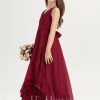 Junior Bridesmaid Dresses | A-line V-Neck Asymmetrical Chiffon Junior Bridesmaid Dress With Pleated Burgundy – Girls