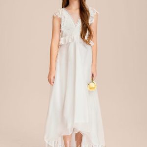 Junior Bridesmaid Dresses | A-line V-Neck Asymmetrical Chiffon Lace Junior Bridesmaid Dress Ivory – Girls