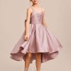 Junior Bridesmaid Dresses | A-line V-Neck Asymmetrical Satin Junior Bridesmaid Dress With Bow Dusty Rose – Girls