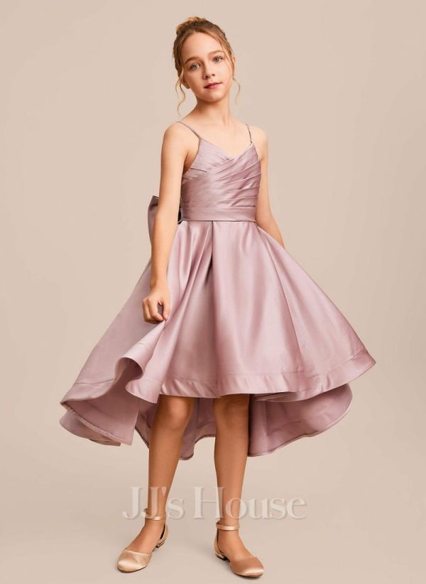 Junior Bridesmaid Dresses | A-line V-Neck Asymmetrical Satin Junior Bridesmaid Dress With Bow Dusty Rose – Girls