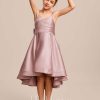 Junior Bridesmaid Dresses | A-line V-Neck Asymmetrical Satin Junior Bridesmaid Dress With Bow Dusty Rose – Girls