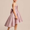 Junior Bridesmaid Dresses | A-line V-Neck Asymmetrical Satin Junior Bridesmaid Dress With Bow Dusty Rose – Girls