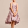 Junior Bridesmaid Dresses | A-line V-Neck Asymmetrical Satin Junior Bridesmaid Dress With Bow Dusty Rose – Girls