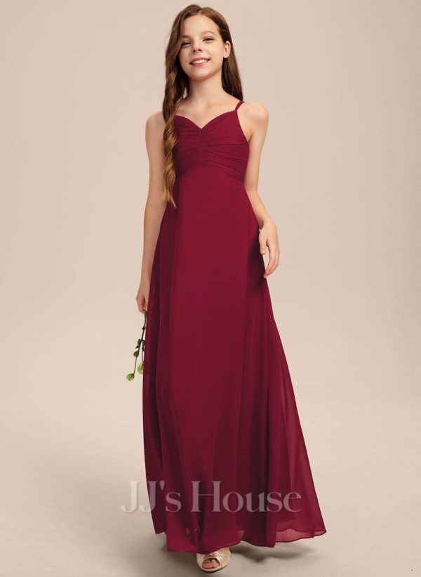 Junior Bridesmaid Dresses | A-line V-Neck Floor-Length Chiffon Junior Bridesmaid Dress Burgundy – Girls