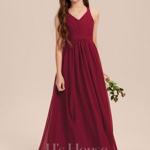 Junior Bridesmaid Dresses | A-line V-Neck Floor-Length Chiffon Junior Bridesmaid Dress Burgundy – Girls