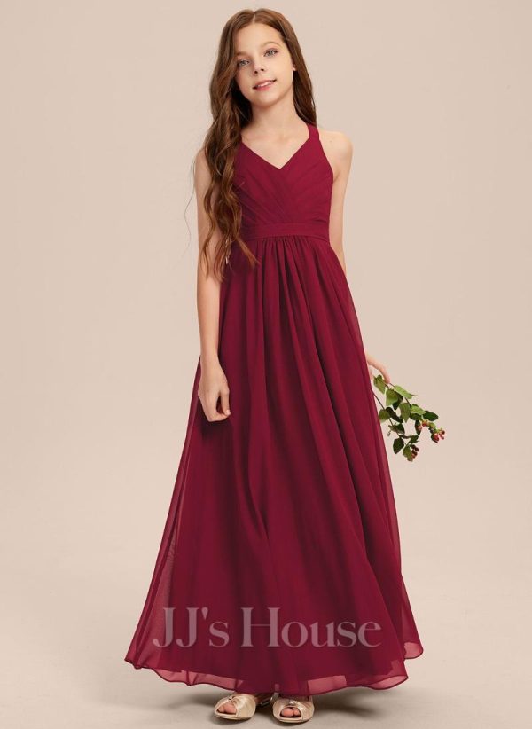 Junior Bridesmaid Dresses | A-line V-Neck Floor-Length Chiffon Junior Bridesmaid Dress Burgundy – Girls