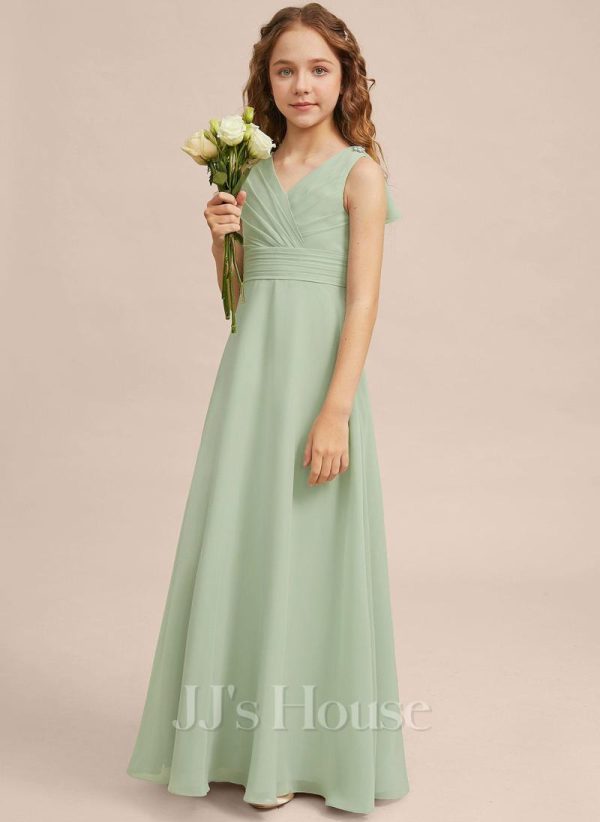 Junior Bridesmaid Dresses | A-line V-Neck Floor-Length Chiffon Junior Bridesmaid Dress Celadon – Girls