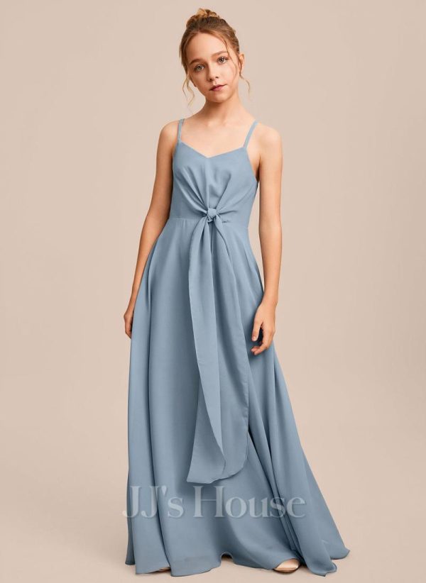 Junior Bridesmaid Dresses | A-line V-Neck Floor-Length Chiffon Junior Bridesmaid Dress Dusty Blue – Girls