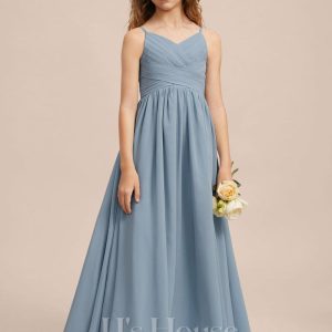 Junior Bridesmaid Dresses | A-line V-Neck Floor-Length Chiffon Junior Bridesmaid Dress Dusty Blue – Girls